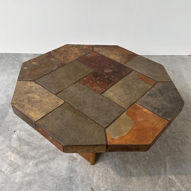 Large Vintage Brutalist Slate Mosaic Coffee Table with Oak Pedestal Base For Sale - Image 11 of 16