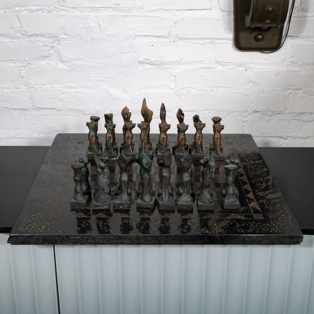 1970s Brutalist style bronze and marble chess set For Sale - Image 5 of 15