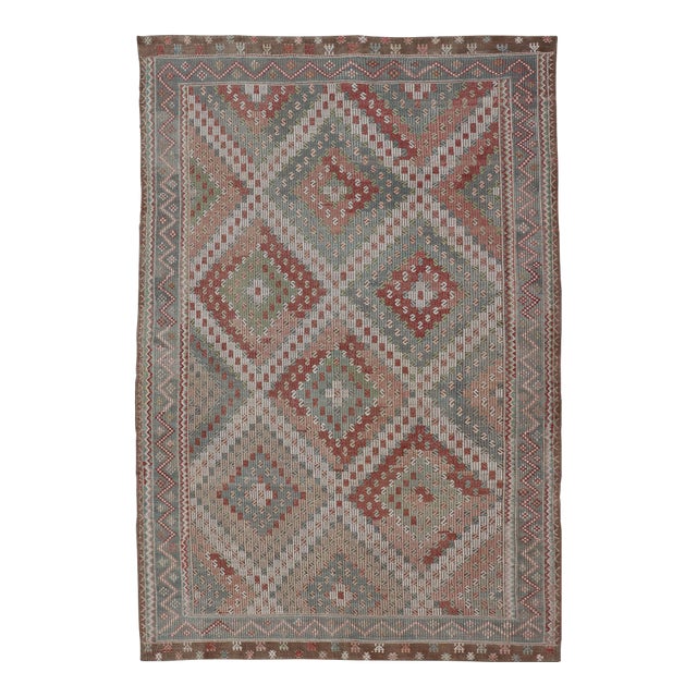 Colorful Vintage Turkish Embroidered Flat-Weave in Diamond Design 7'0 X 10'5 For Sale