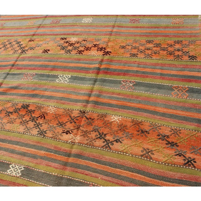 Colorful Vintage Embroidered Kilim With Stripe's and Geometric Motifs 6' X 12 For Sale In Atlanta - Image 6 of 11