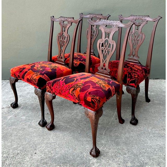 Vintage Hand Carved Chippendale Dining Chairs in 80s Yves St Laurent Printed Velvet - Set of 4 For Sale - Image 10 of 12