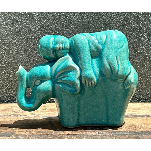 Vintage Asian Glazed Ceramic Elephant and Boy For Sale - Image 11 of 12