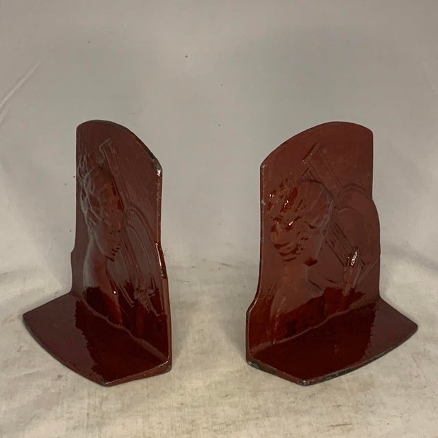 Art Deco Metal Bookends: Woman Playing Lyre, Ronson c. 1925 For Sale - Image 4 of 9