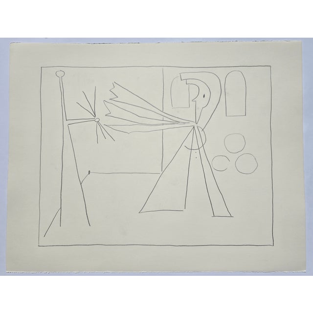 Paper 35.8 X 29.1 Shadow Box Framed Picasso Style Minimalist Pen Drawing / Neutral Palette For Sale - Image 7 of 10