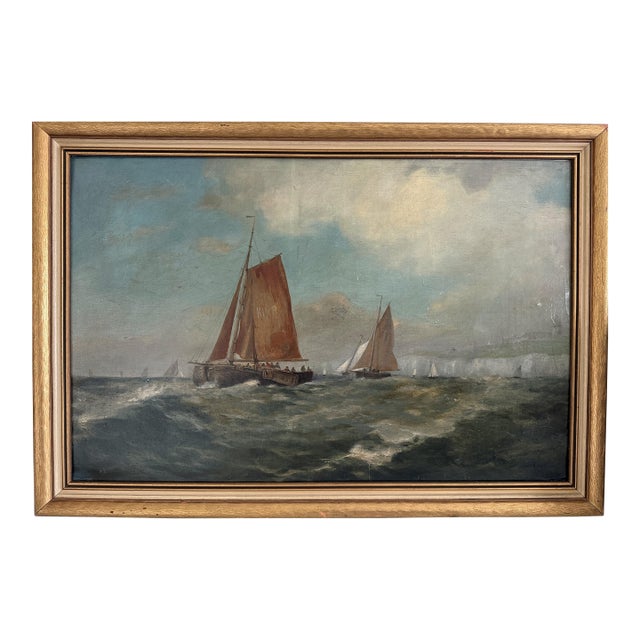 Antique Oil Painting Dutch Marine Seascape Sailing Boats Coastal Scene Unsigned For Sale