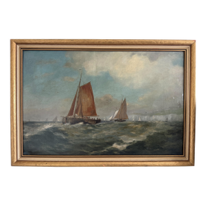 Antique Oil Painting Dutch Marine Seascape Sailing Boats Coastal Scene Unsigned