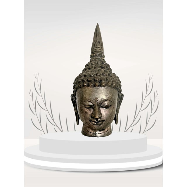 South East Asian 'Silver'' Shan Buddha Head on Carved Wood Stand For Sale - Image 10 of 11