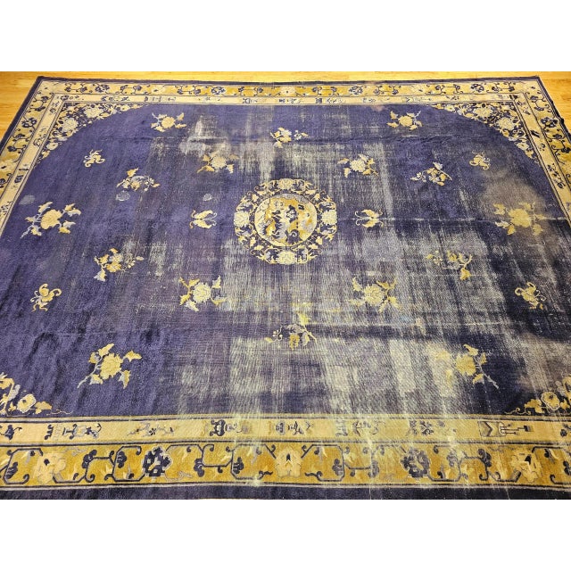 Art Deco 19th Century Chinese Peking Rug, Handwoven Wool, Indigo & Yellow, 10' X 14' For Sale - Image 3 of 12