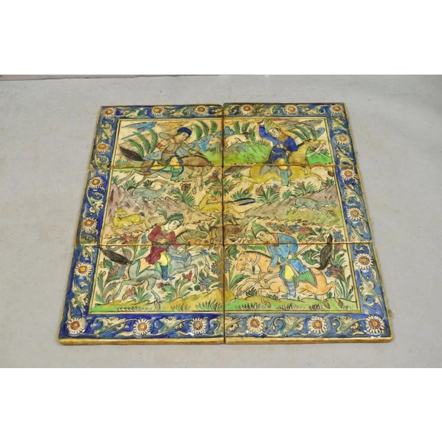 Antique Persian Iznik Qajar Style Ceramic Pottery Tile Mosaic Hunt Scene C7 For Sale - Image 10 of 10