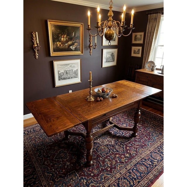 Brown Professionally Restored 1930s Jacobean Revival (William and Mary Style) Solid Oak Draw-Leaf Dining Table For Sale - Image 8 of 12