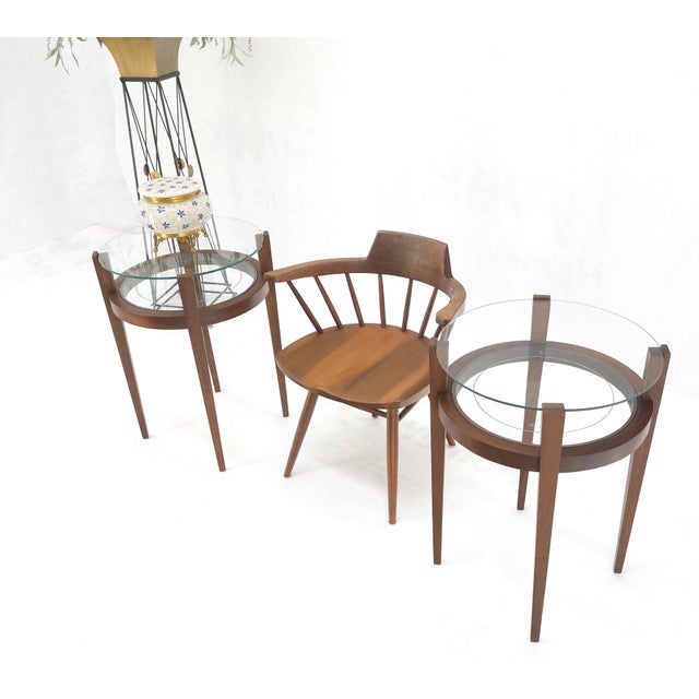 Mid 20th Century Pair Two Tier Glass Top Shelf Oiled Walnut Round End Side Occasional Table MINT For Sale - Image 5 of 9