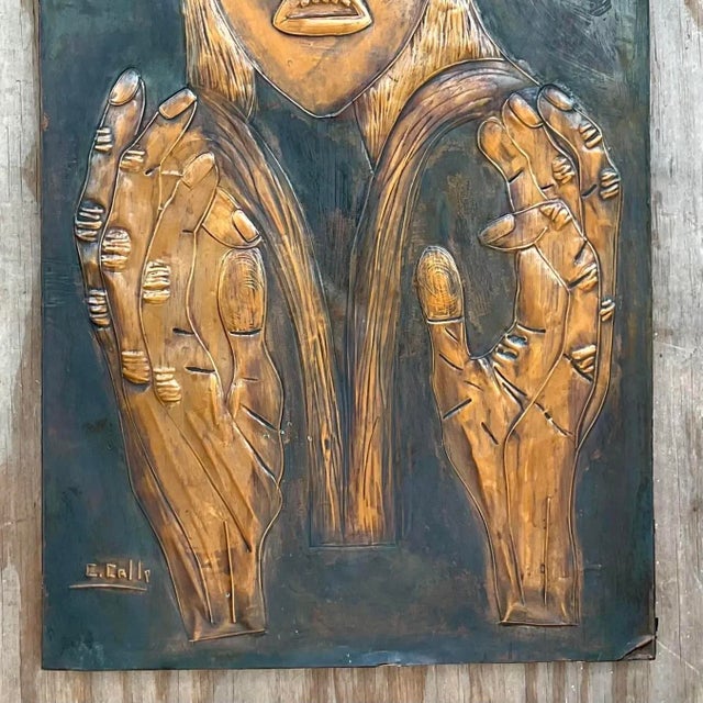 Vintage Signed Hand Hammered Copper Face For Sale - Image 12 of 14