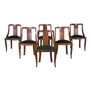 1930s French Art Deco Gondola Maple Dining Chairs W/ Dark Green Velvet - Set of 6 For Sale