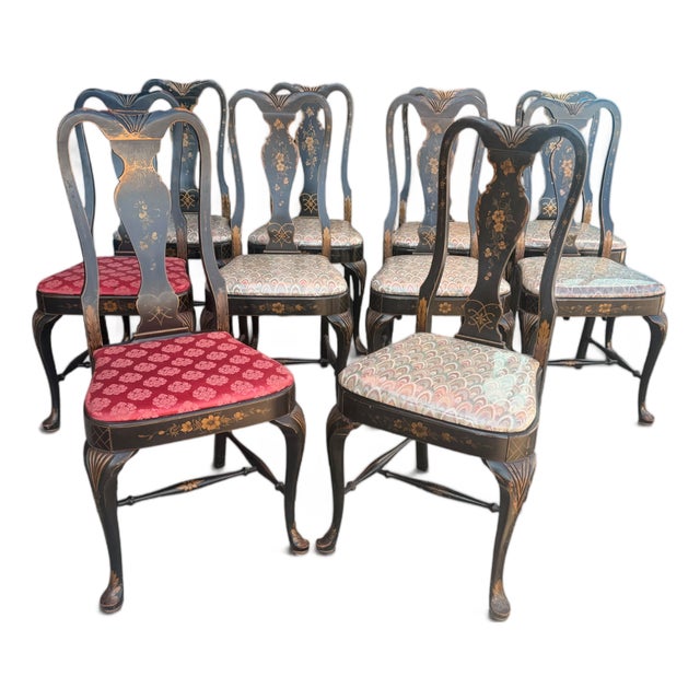 Mid-20th Century Grand Ledge Chinoiserie Black Lacquer Dining Chairs, Set of 10 For Sale