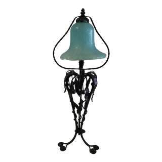 1990s Art Deco Style Iron Lamp with Art Glass Shade For Sale