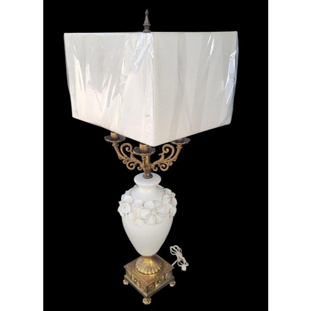 Hollywood Regency Vintage Huge Marbro Style Porcelain Urn Candleabra Style Raised Leaf Brass Table Lamp For Sale - Image 3 of 12