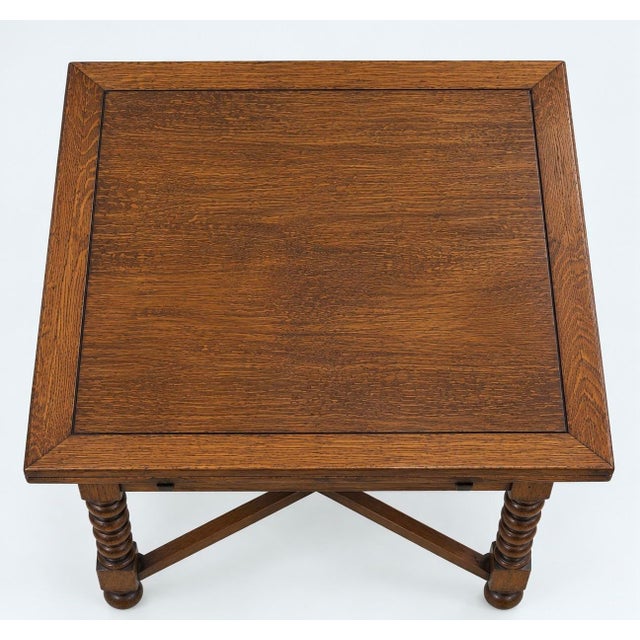 Wood Antique English Jacobean Revival Oak Draw Leaf Mahjong Game Table, C. 1920s For Sale - Image 7 of 8