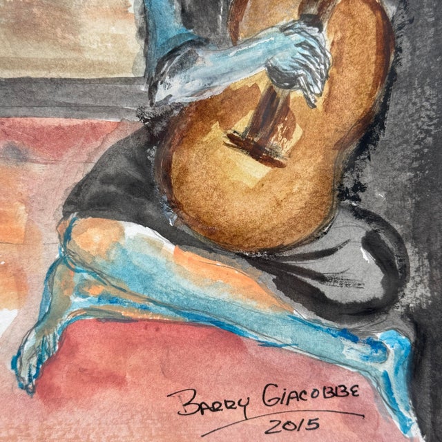 2010s Signed Original Watercolor After Picasso Old Guitarist Framed For Sale - Image 5 of 11