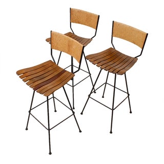 Arthur Umanoff Wood, Rattan & Iron Bar Stools - 3 For Sale