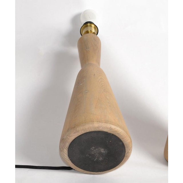 Vintage Natural Tapered Solid Wood Brass Table Lamps Mid-Century Modern, Pair For Sale - Image 15 of 18