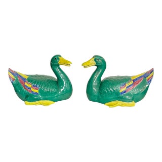 Large Scale Chinese Export Style Hand Painted Ceramic Ducks - Pair For Sale