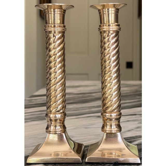 1970s Ralph Lauren Style Solid Brass Candle Sticks - A Pair For Sale - Image 5 of 14