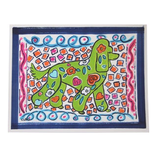 Dog Poodle Peter Max Style Flower Power Folk Art Pop Art Americana Green Blue Orange Navy Original Painting by Cleo Plowden For Sale