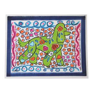 Dog Poodle Peter Max Style Flower Power Folk Art Pop Art Americana Green Blue Orange Navy Original Painting by Cleo Plowden