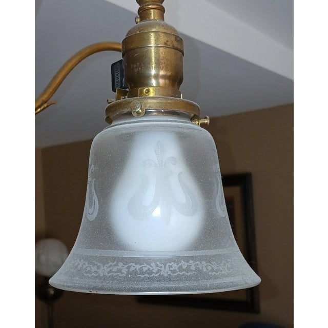 Antique Steuben Style Brass 5-Armed Chandelier For Sale - Image 11 of 16