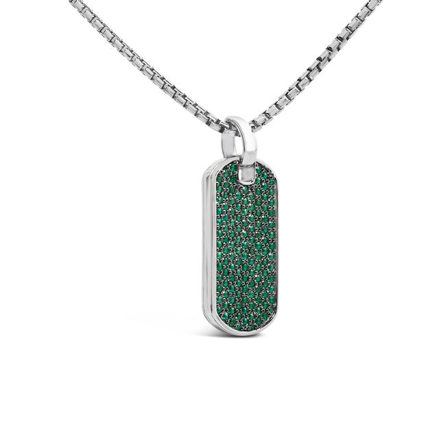 Contemporary Men's .925 Sterling Silver Created Green Emerald Dog Tag Pendant Necklace - 22" Inches For Sale - Image 3 of 5