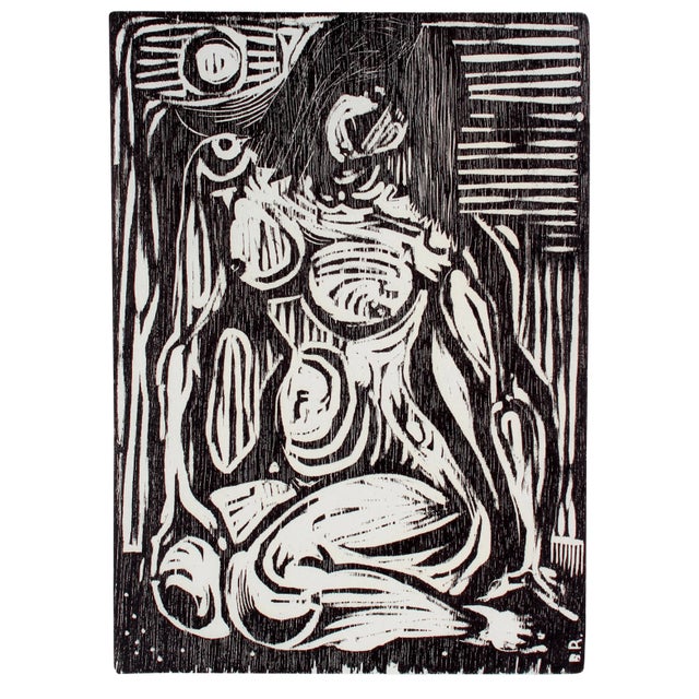 "Seated Lady" Monochromatic Figurative Woodcut, 1960 For Sale