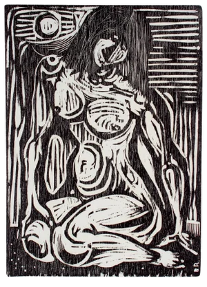 "Seated Lady" Monochromatic Figurative Woodcut, 1960
