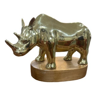 Modernist Brass Rhino Sculpture on Stand For Sale