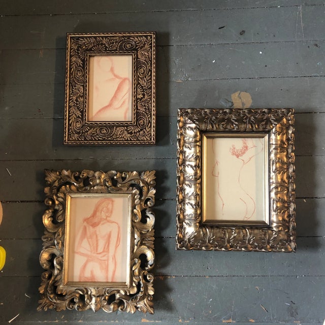 1970s Gallery Wall Collection-Set of 3 Original Sepia Female Nude Study Drawings Vintage Frames For Sale - Image 5 of 5
