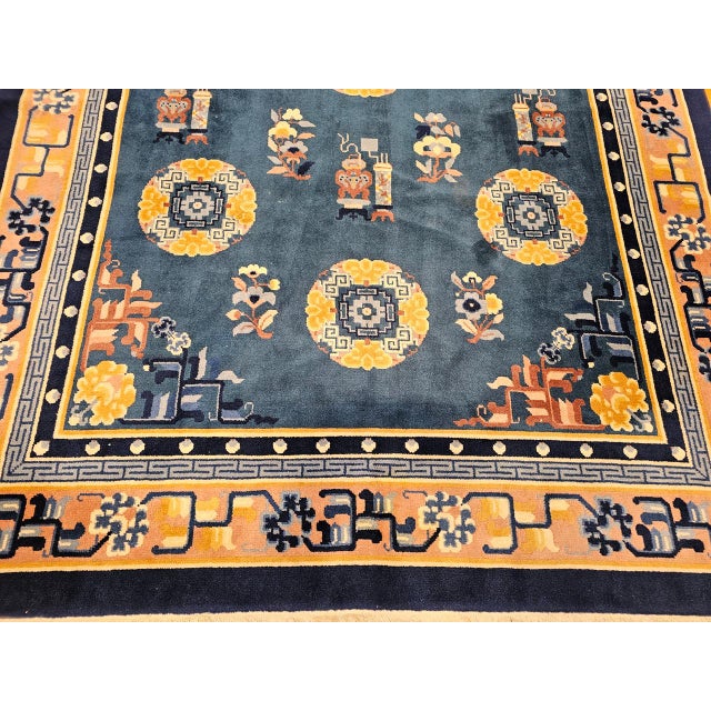 Vintage Art Deco Chinese Rug, Handwoven Wool Pile, Floral Design, Blue, 6' x 8' For Sale - Image 9 of 14