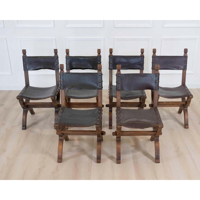 Set of Six Mid-20th Century Spanish Walnut and Leather Dining Chairs For Sale In Atlanta - Image 6 of 9