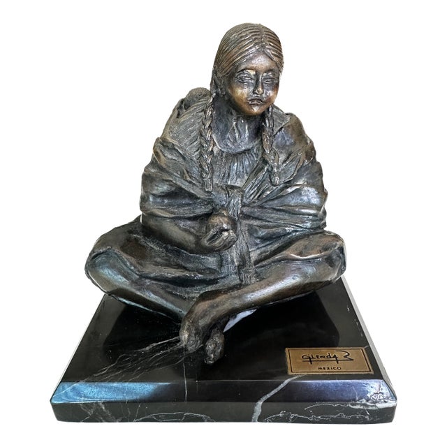 Glenda Hecksher's "Marta" Bronze Figure Indigenous Woman & Baby Statue For Sale