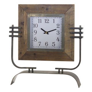 Wood Square Clock on Rustic Metal Stand 17.5"H For Sale
