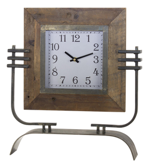 Wood Square Clock on Rustic Metal Stand 17.5"H