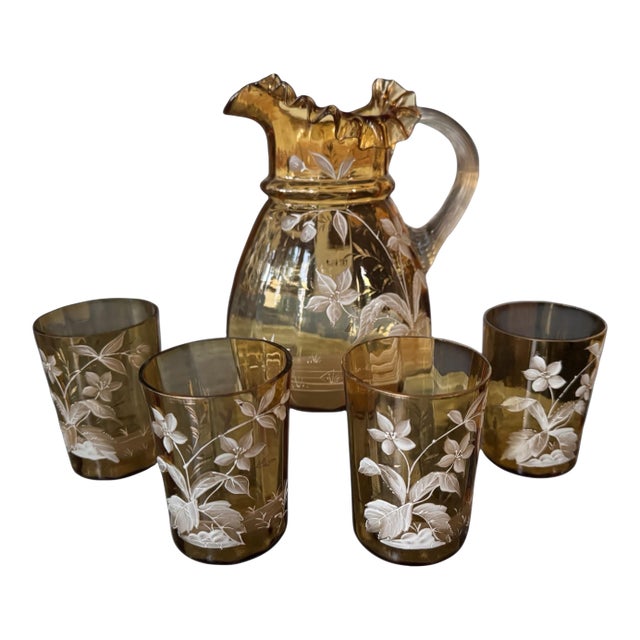 Antique Victorian Floral Enamel Decorated Art Glass Water Pitcher With 4 Glasses For Sale