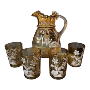 Antique Victorian Floral Enamel Decorated Art Glass Water Pitcher With 4 Glasses