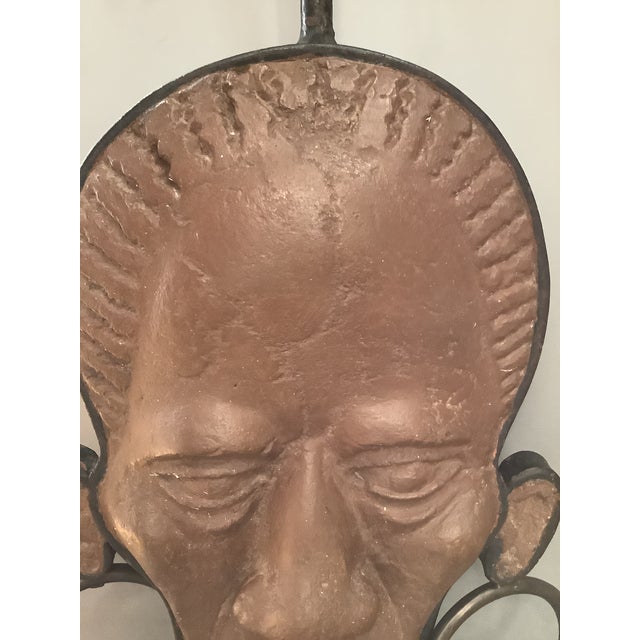 Mid-Century Modern Vintage 1955 Goodwin Artist Signed Handcrafted African Face Iron and Clay Lamp For Sale - Image 3 of 12