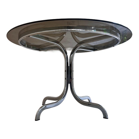 Round Dining Table in Tinted Glass and Chrome For Sale