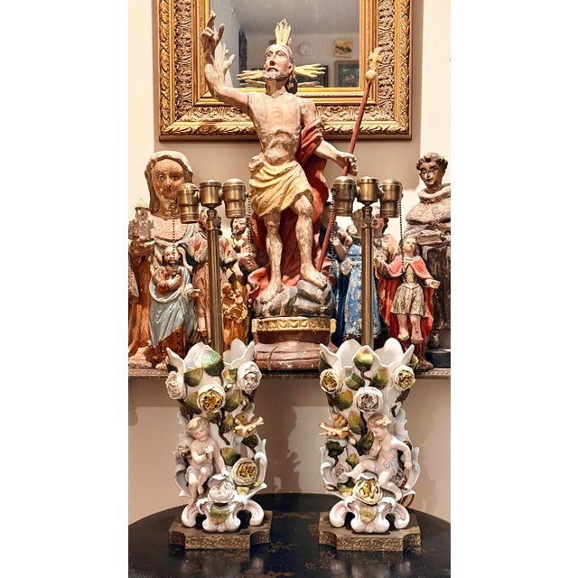 Antique Hand Painted Porcelain Urn Table Lamps in the Style of Capodimonte on Engraved Brass Pedestal Bases- a Pair For Sale - Image 12 of 12
