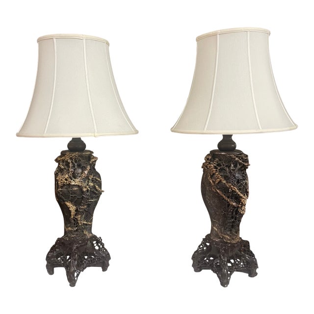 Antique Chinese Elaborately Carved Natural Hard-Stone Table Lamps—A Pair For Sale