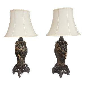 Antique Chinese Elaborately Carved Natural Hard-Stone Table Lamps—A Pair