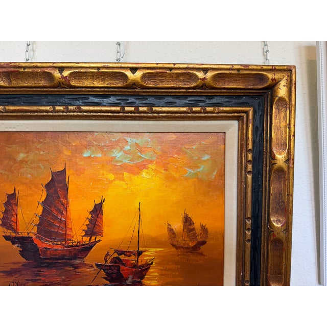 Vintage Chinese Junk Boats Sunset Oil Painting Signed Young Asian Seascape Frame For Sale - Image 10 of 11