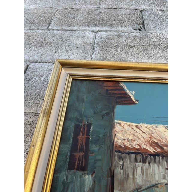 Cream Mid Century Architectural Landscape Oil Painting Framed and Signed by the Artist. Circa 1960s For Sale - Image 8 of 15