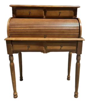 1974 Athens Table Company Roll-Top Writing Desk, Model 799r – Solid Wood With Original Lamp