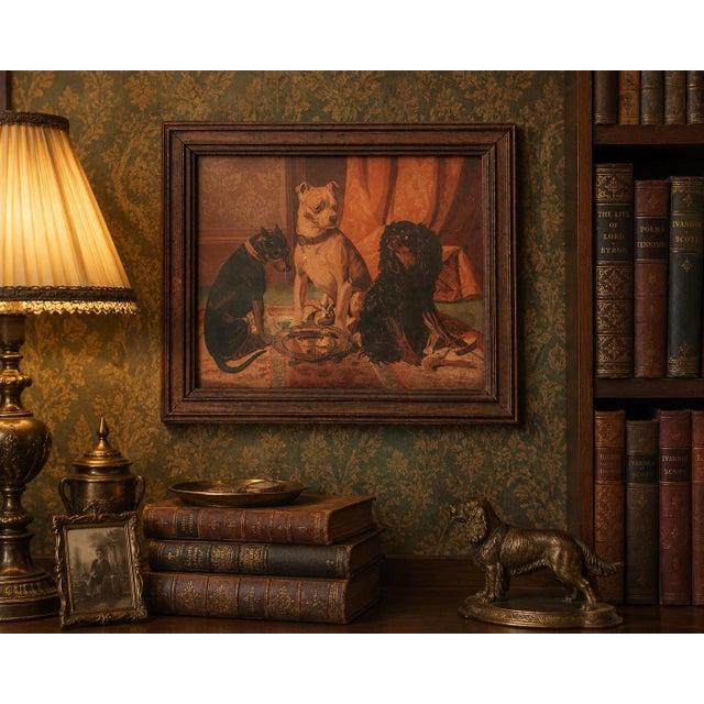 An authentic late 19th-century Victorian chromolithograph depicting three beloved lap dogs gathered around an ornate...